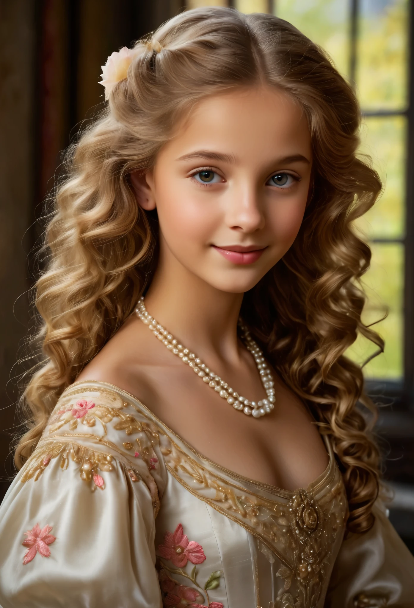 (best quality,4k,8k,highres,masterpiece:1.2), ultra-detailed, (realistic,photorealistic,photo-realistic:1.37),In the portrait of this enchanting -yeld gi the daughter of a prosperous merchant during the flourishing 17th century in the Netherlands, every brushstroke captures the essence of her youth and innocence.

Her golden locks cascade in gentle waves, adorned with ribbons and pearls that speak of her family's affluence. Each curl seems to dance in the light, framing her cherubic face with an air of purity and grace. Her eyes, wide and bright, reflect the curiosity and wonder of childhood, as if every glance is filled with endless possibilities.

Her rosy cheeks flush with vitality, a testament to her health and happiness in the embrace of her privileged upbringing. A delicate dimple graces her smile, adding a touch of sweetness to her countenance that is as charming as it is captivating.

Dressed in the finest silks and lace, her gown whispers softly with every movement, a symphony of luxury and refinement. Embroidered motifs and intricate details adorn her attire, showcasing the exquisite craftsmanship of the era and her family's esteemed status in society.

In her hands, she holds a posy of fresh flowers, their vibrant colors mirroring the bloom of her youth. With each delicate petal, she seems to embody the essence of spring itself, a beacon of hope and renewal in a world filled with uncertainty.

This portrait of the 12-year-o daer ofprosperous Dutch merchant is not just a representation of beauty; it's a window into a bygone era of elegance, privilege, and the timeless innocence of youth.