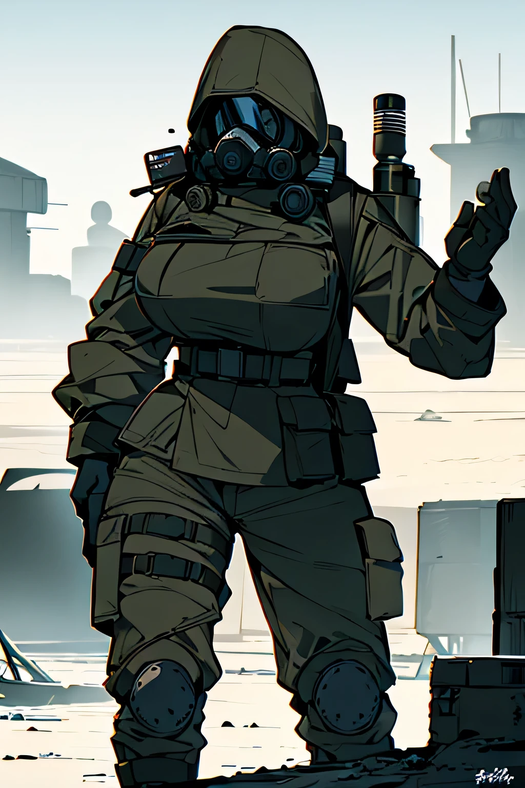 Russian soldier with gas mask and rifle in snowy area, military photography, invierno nuclear, soldier with a gas mask, equipo camuflado, soldado femenino en el bosque, Cazadora solo en el desierto,Female,Massive thights,Wide Hips,Person wearing gas mask, modern equipo militar, ropa del futuro soldado, equipo militar, ropa de soldado completa, resting after a hard mission, in a post apocalyptic setting,Wide Hips,Big Breast,HyperAss,Muscular,Abs,(gigantic :1.4),(Milf:1.4)