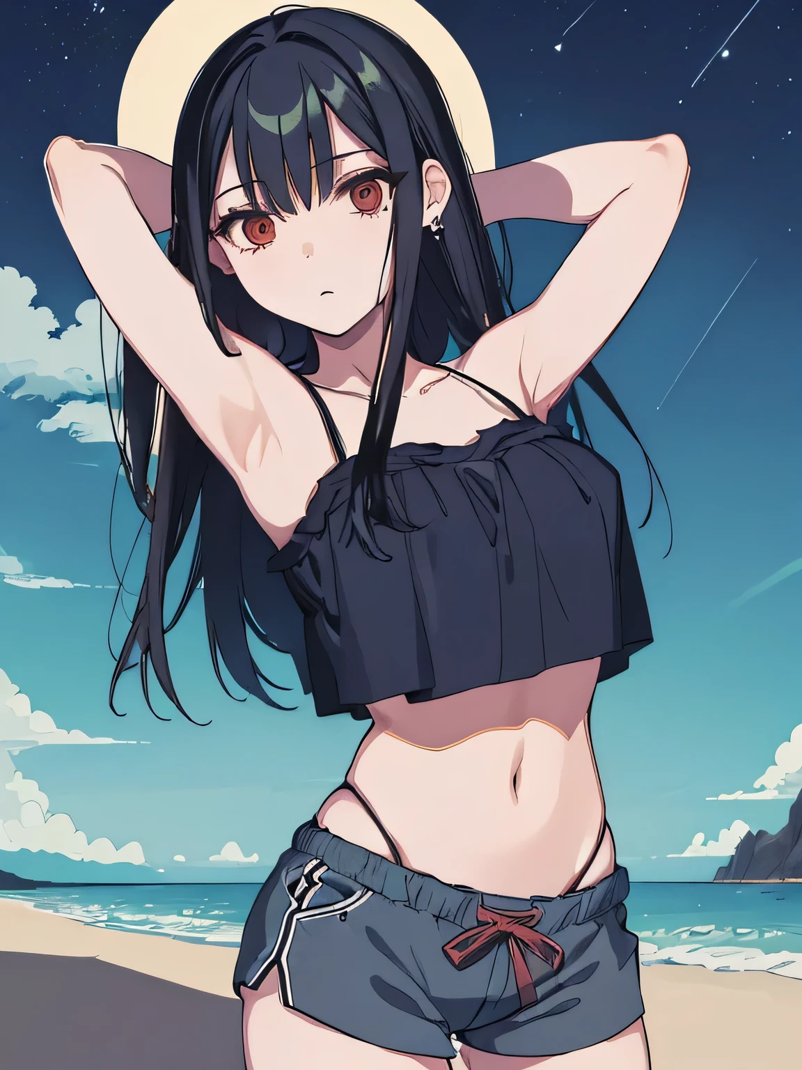 ,(masterpiece), (best quality), (ultra-detailed), (best illustration), (best shadow), (absurdres), 1girl, solo, Chihara, 1girl, solo, black hair, shorts, long hair, looking at viewer, black shorts, arms behind head, contrapposto, spread armpit, camisole, red eyes, breasts, earrings, short shorts, (cowboy shot:1.5), beach, night sky,