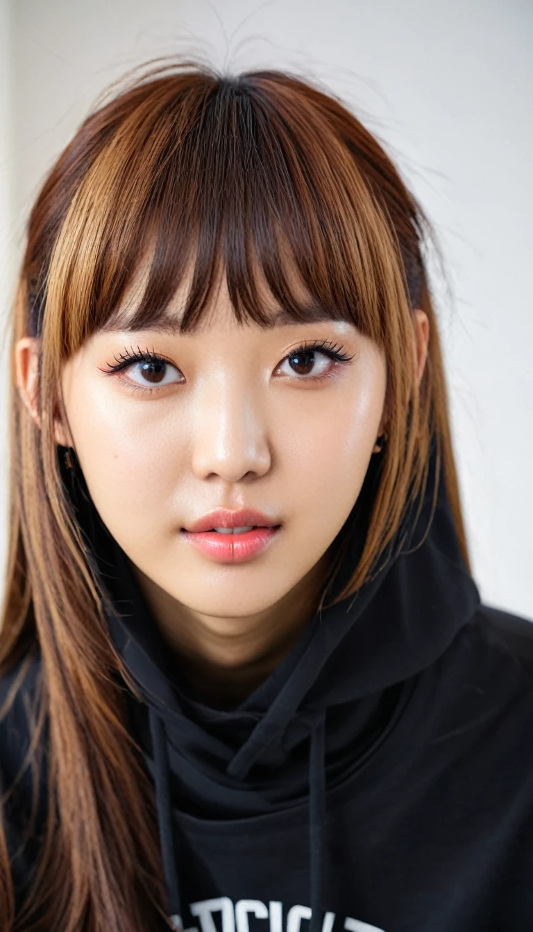 a close up of a person with a hoodie on, lalisa manobal, young adorable korean face, ulzzang, neat hair with bangs, lalisa manoban of blackpink, wan adorable korean face, korean girl, with bangs, brown bangs, jaeyeon nam, with round face, center parted bangs, young cute wan asian face