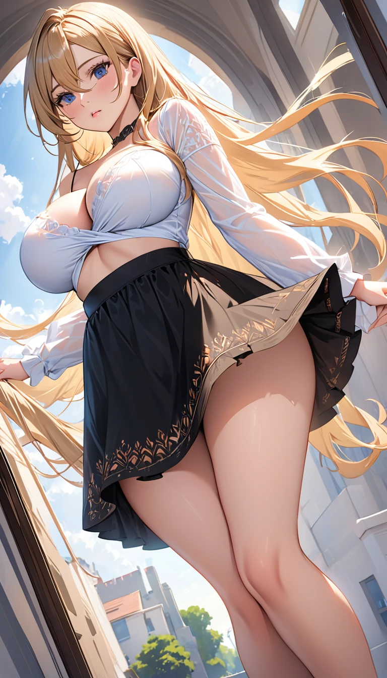 masterpiece:1.4,best-quality,Super Detail,Very Delicate and Beautiful, (( sfw, low angle shot )), pretty girl, black miniskirt, panties, blonde long hair, very gigantic breasts, underboob, cleavage, very slender, perfect face