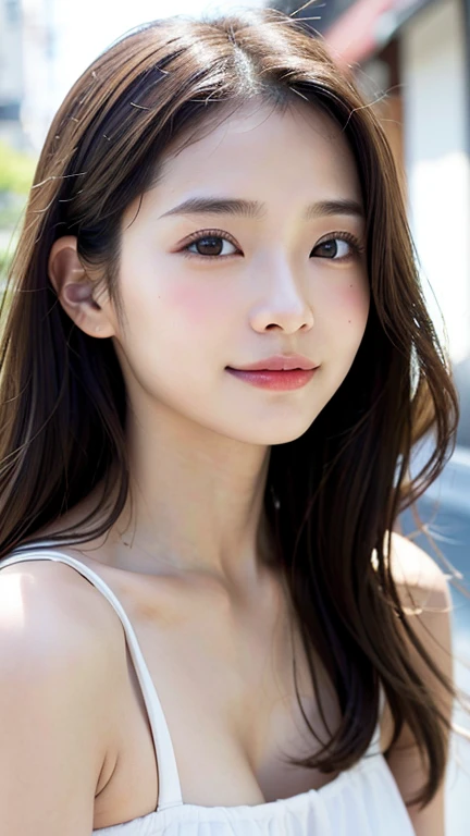 With the alleys of Kyoto in the background、18-year-old girl、independent、look forward to、Light eye makeup、Brown Hair Color、flat 、Hair blowing in the wind、quality of actress、Shiny, Ultra-realistic faces、smileの表情、Watery eye、look up、Calming lighting effects、 Ultra-Realistic Capture、Very detailed、High resolution 16K human skin closeup。Skin texture must be natural、Must be so detailed that pores are visible、skin is healthy、Must be even tone、Use natural light and color、High quality photos taken by a modeling agency&#39;Exclusive photographer、smile