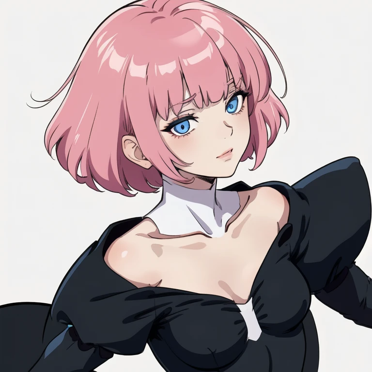 White Background,alone,Face Focus,
Haman_Khan,1 female,Pink Hair,short hair,Side Lock,bangs,eyebrow,double eyelid,blue eyes,Sharp eyes,Embarrassing,
Cape,Black Dress,clavicle,Puff sleeves,Long sleeve,Juliet Sleeve,