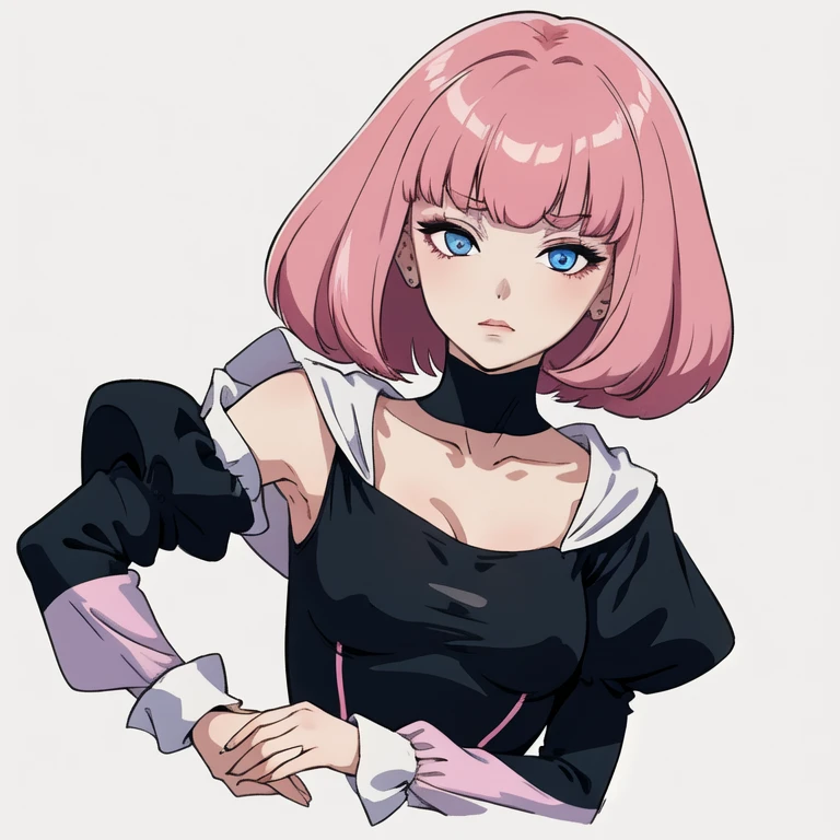 White Background,alone,Face Focus,
Haman_Khan,1 female,Pink Hair,short hair,Side Lock,bangs,eyebrow,double eyelid,blue eyes,Sharp eyes,Embarrassing,
Cape,Black Dress,clavicle,Puff sleeves,Long sleeve,Juliet Sleeve,