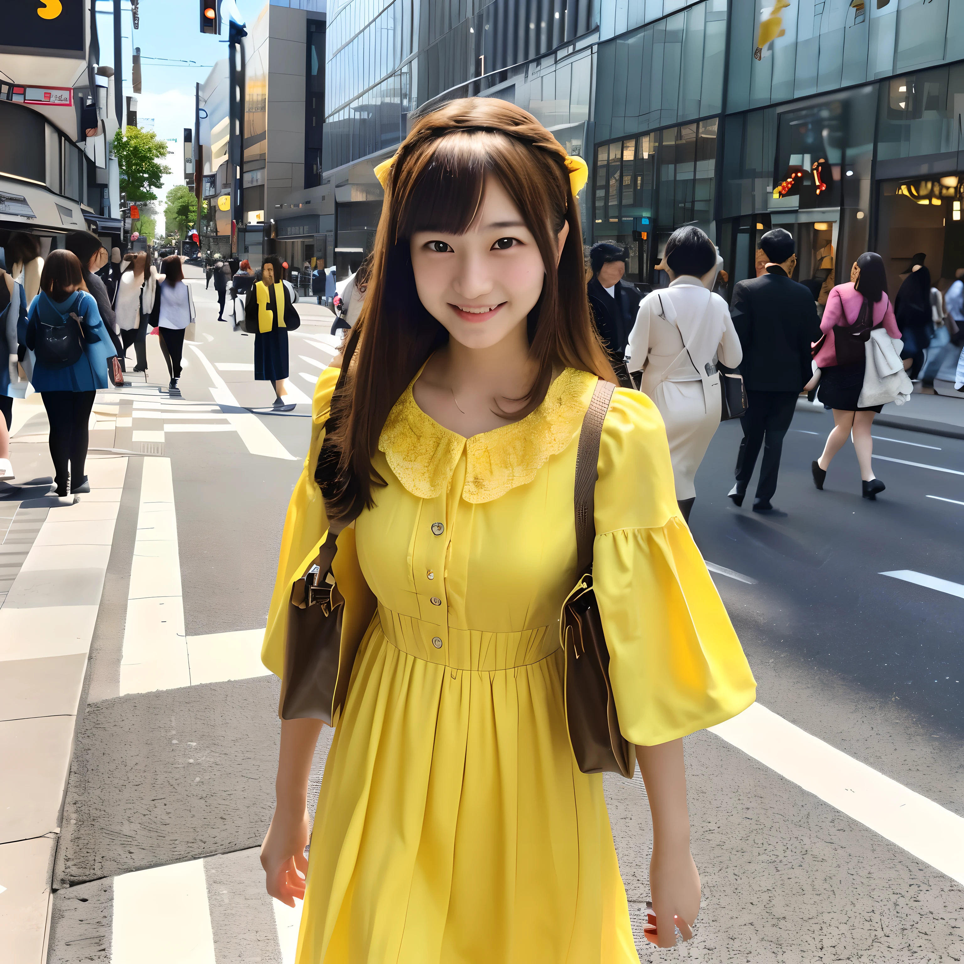 Japanese teenage girl wearing yellow lolita dress, walking in Shibuya street, Brown hair