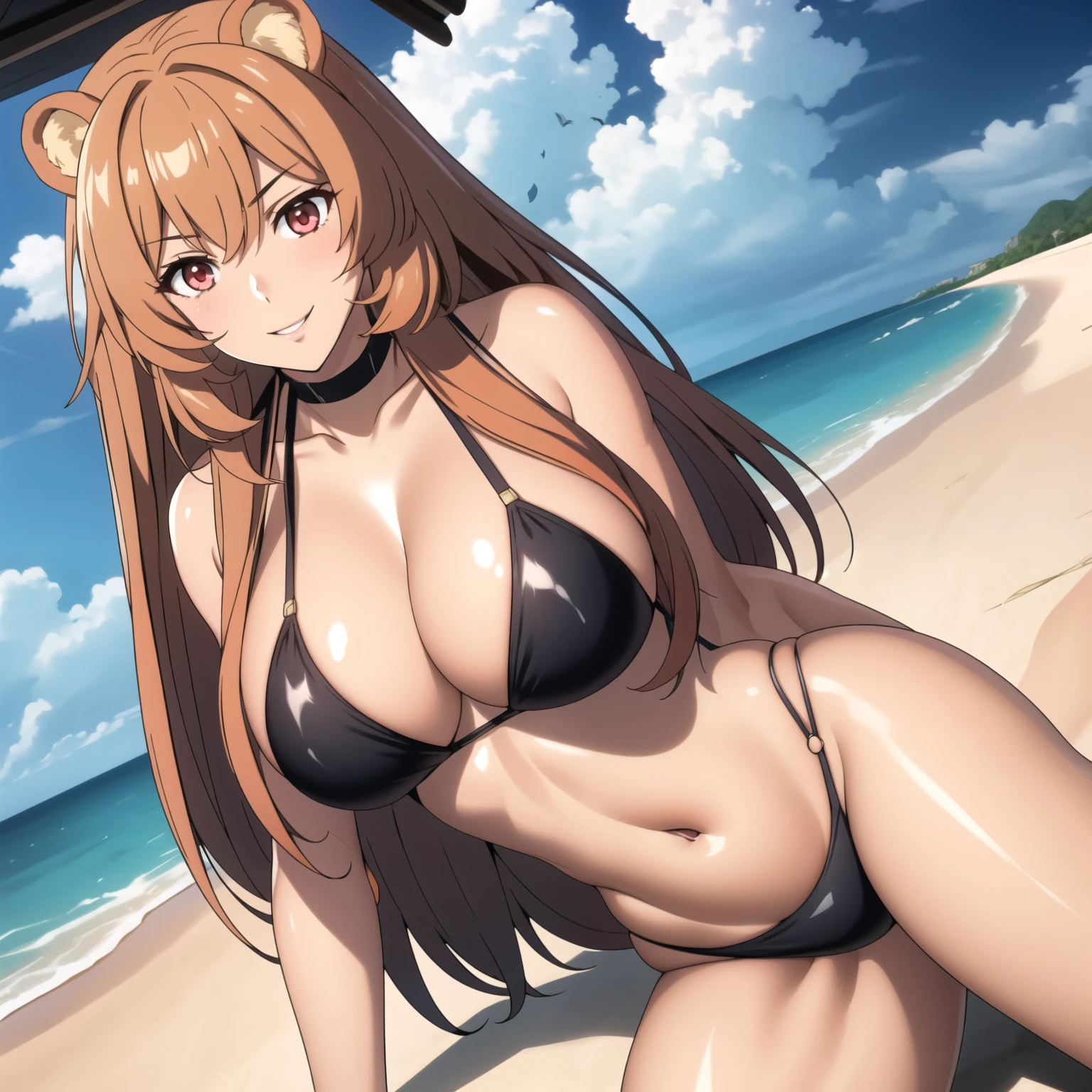 Raphtalia woman 24 years old orange hair , orejas de oso, red eyes like rubies, piel morena, piel bronceada. piel grasa, pechos grandes , bikini rojo, accesorios, sonrisa, fondo una playa, cuerpo completo. manos perfectas. cabello naranjo. una sola mujer, mujer sola.