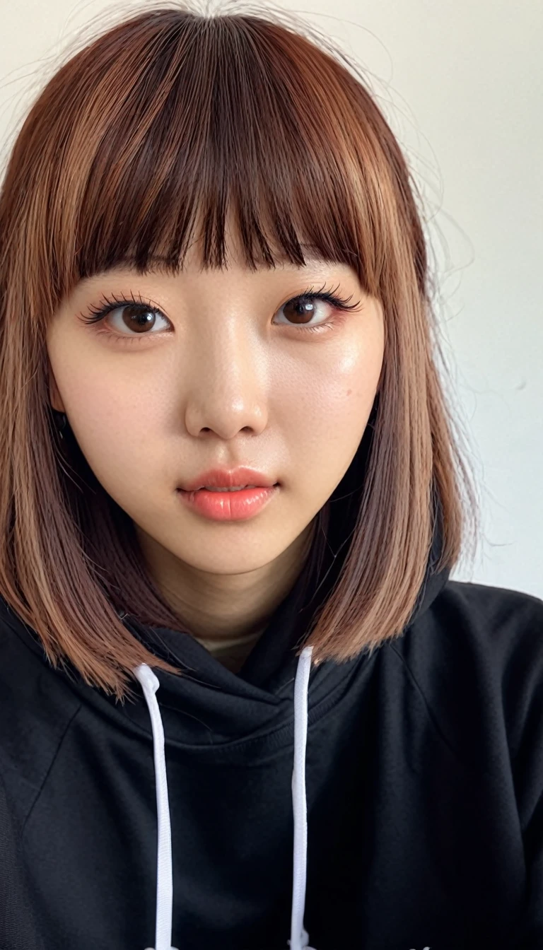 a close up of a person with a hoodie on, a picture by Yuki Ogura, tumblr, realism, lalisa manobal, young adorable korean face, ulzzang, neat hair with bangs, lalisa manoban of blackpink, wan adorable korean face, korean girl, with bangs, brown bangs, with round face, jaeyeon nam