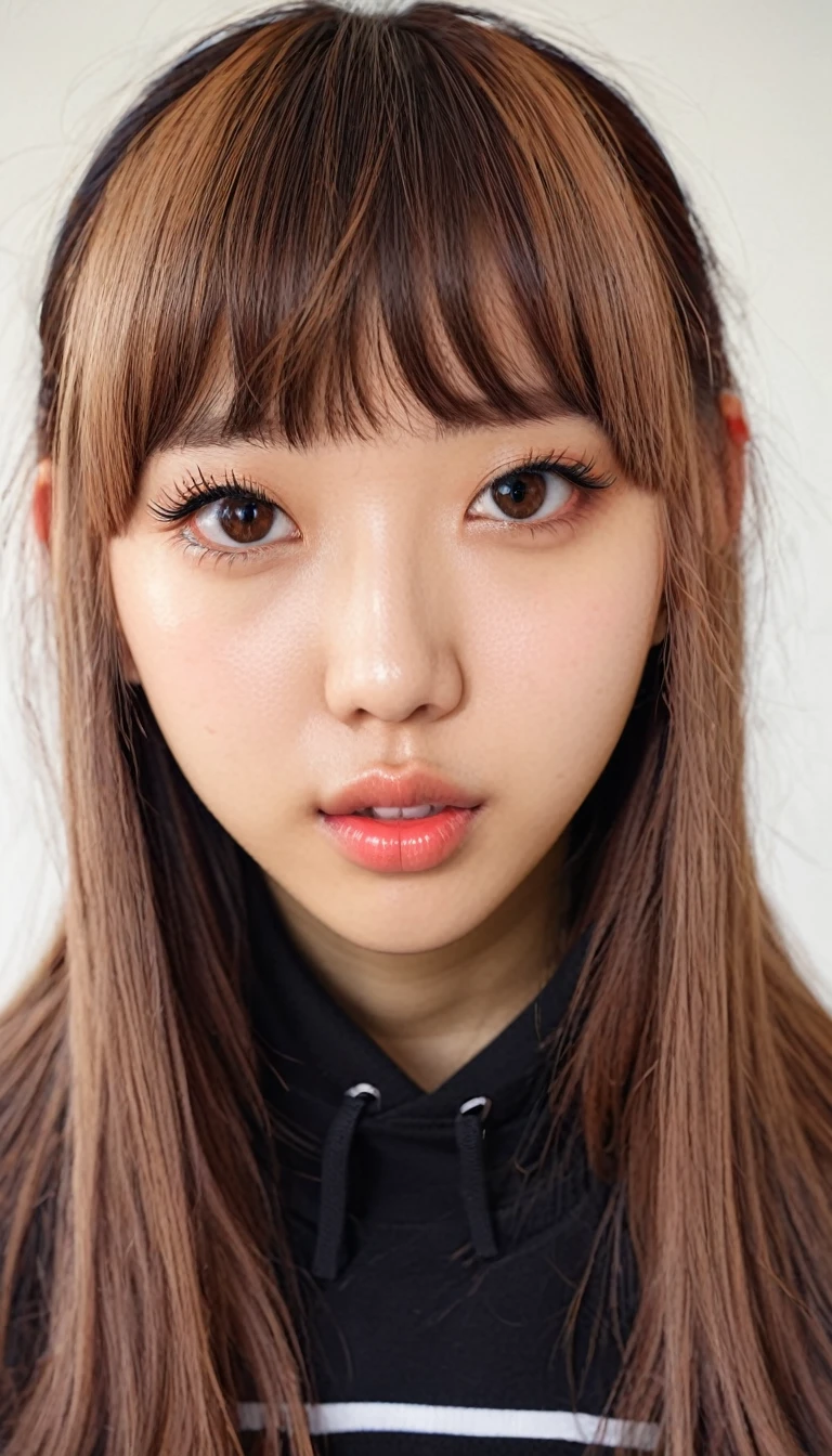 a close up of a person with a hoodie on, a picture by Yuki Ogura, tumblr, realism, lalisa manobal, young adorable korean face, ulzzang, neat hair with bangs, lalisa manoban of blackpink, wan adorable korean face, korean girl, with bangs, brown bangs, with round face, jaeyeon nam