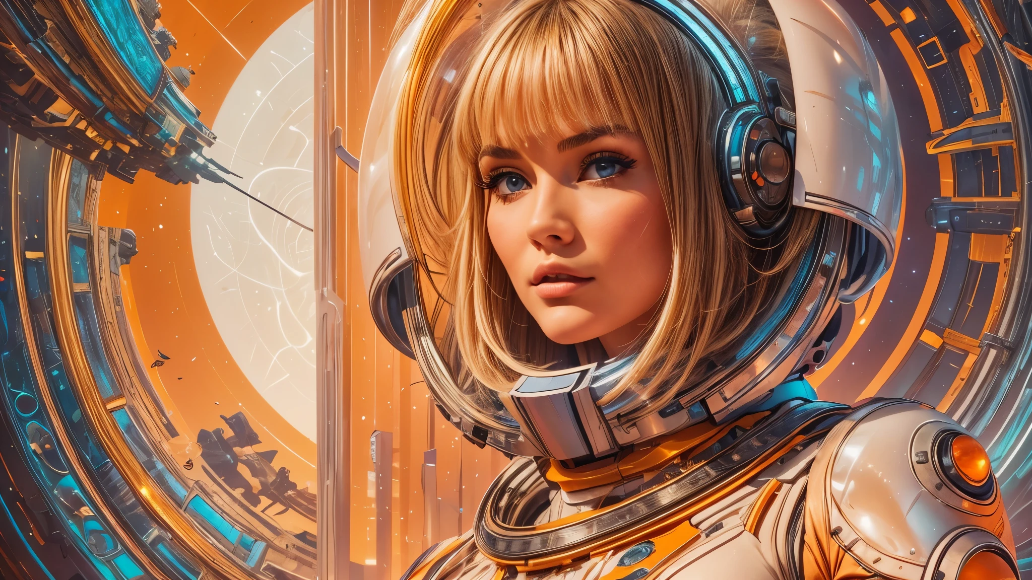 arafed image of a white woman in a futuristic suit with a spaceship in the background, movie art, in front of an orange background, inspired by Robert McGinnis, female protagonist, megastructure in the background, portrait of an ai astronaut, astronauts, an astronaut, portrait of a astronaut skeletor, perfect android girl, detailed eyes, perfectly detailed teeth, frank franzzeta and sakimichan