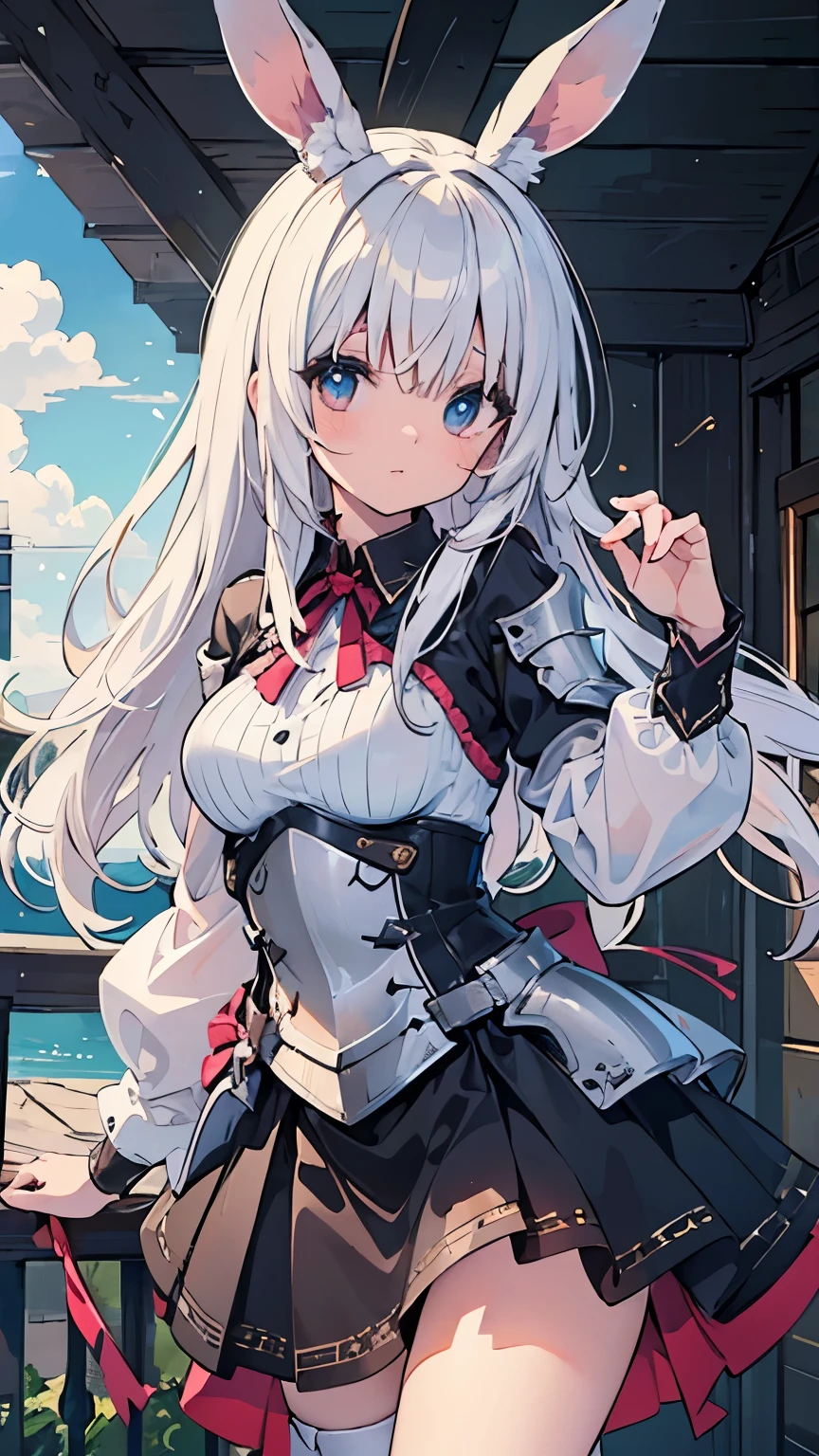 ((Best quality, 8k, Masterpiece: 1.3)), Sharp focus A beautiful woman with perfect body, Highly detailed face and skin texture, (Detailed eyes), rabbit ears, hime cut, white hair, hair bow, ribbon, pupils sparkling, tareme, (knight wearing armor), cowboy shot