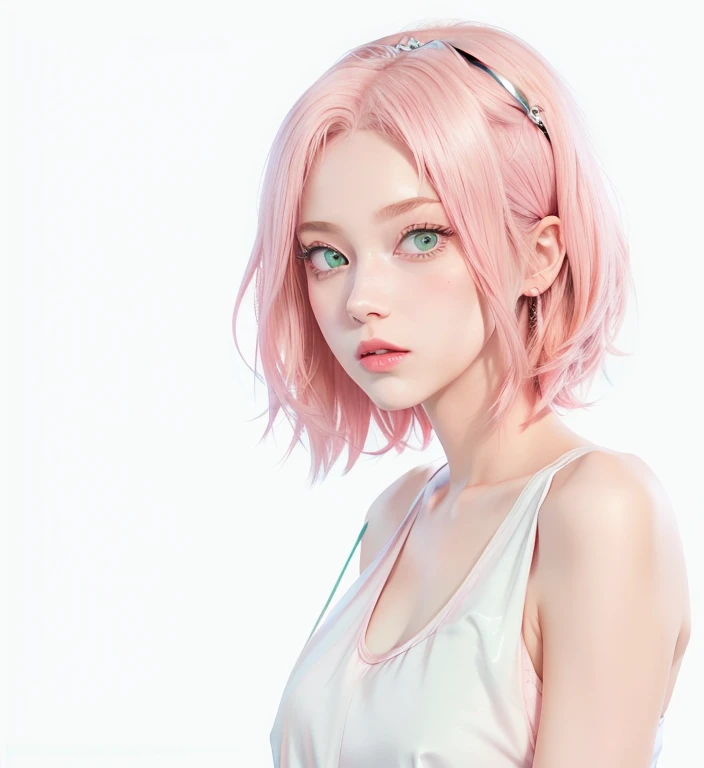 young woman, short shoulder-length pink hair, wide forehead, porcelain skin, pink eyebrows, big emerald green eyes, buttoned nose, full lips, heart-shaped face, slender body, small breasts, red tank top, Sakura Haruno , realistic, realism, details, 3d, well detailed