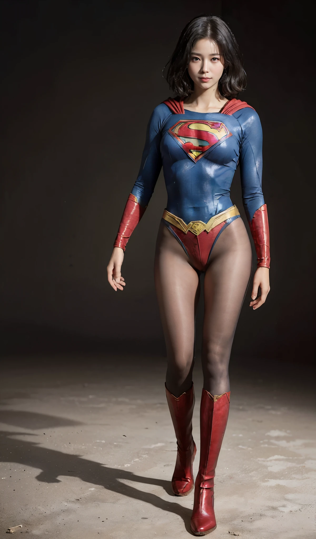 No background、(((Beautiful legs in black tights.)))、(((Legally express the beauty of your smile)))、((((Make the most of your original images)))、(((Supergirl Costume)))、(((beautiful short bob hair)))、(((suffering)))、(((Please wear black tights....、Wear red boots)))、((Best image quality、8K))、((highest quality、8K、masterpiece:1.3))、(((Preserve background )))、Sharp focus:1.2、Beautiful woman with perfect figure:1.4、Thin abdominal muscles:1.2、Wet body:1.5、Highly detailed face and skin texture、8K