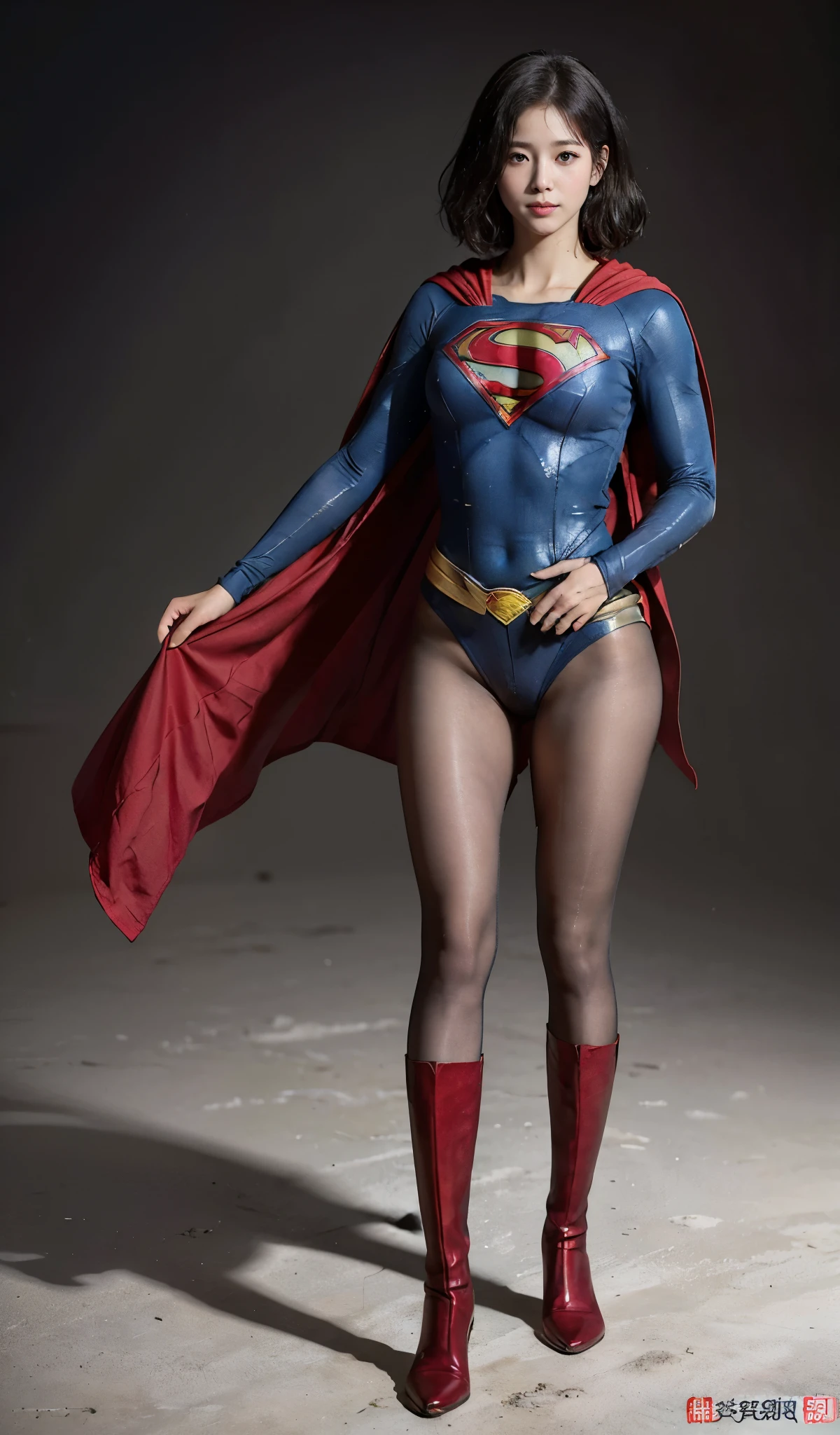 No background、(((Beautiful legs in black tights.)))、(((Legally express the beauty of your smile)))、((((Make the most of your original images)))、(((Supergirl Costume)))、(((beautiful short bob hair)))、(((suffering)))、(((Please wear black tights....、Wear red boots)))、((Best image quality、8K))、((highest quality、8K、masterpiece:1.3))、(((Preserve background )))、Sharp focus:1.2、Beautiful woman with perfect figure:1.4、Thin abdominal muscles:1.2、Wet body:1.5、Highly detailed face and skin texture、8K