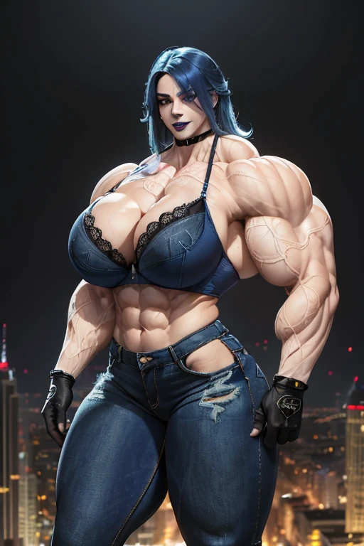 (((((Massive tall, beautiful, buff, pale white skinned muscular woman with royal blue hair, black lipstick, ginormous bulky muscles, and wearing a royal blue lace bra with tight denim pants))))), close view, massive muscle, massive biceps, hyper muscle shoulders, (massive muscle arms), vascular shoulders, hyper muscle triceps, (long curly wavy hair), black eyes, choker, (long fingerless gloves), black boots, (in a rainbow city), confidant smile, night, hyper vascular arm, hyper muscles arms, hyper muscle legs, (massive arms).