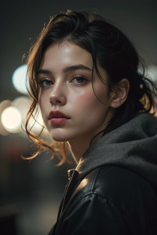 (((ultra realistic))) Photo, masterpiece, top quality, (pale skin), (Ultra detailed face and eyes:1.2), Bright eyes,  1 girl, hood, Dark background, (Eye makeup, mascara) , ((Dark wavy hair)) , ((Stylish hairstyle)) , (Natural breasts), (A slight smile), ((Posing)), photoshoot, studio (Contour lighting), (The play of light and shadows), depth of field, bokeh, (special attention to skin detail: 1.2), Detailed leather texture, skin pores. ((Dark and gloomy atmosphere of the frame. color scheme - black, Gray, Ashen, [[Red]] Tons)), ((Film grain, VHS effect)), ((rays)) , ((waist up portrait, close to the camera)) , ultra detialed, 