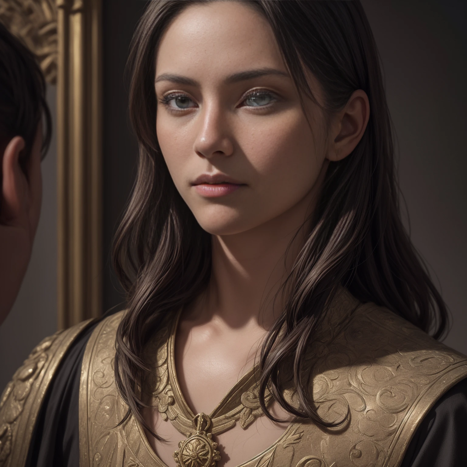 (best quality,4k,8k,highres,masterpiece:1.2),ultra-detailed,(realistic,photorealistic,photo-realistic:1.37),A dramatic portrait of Constantine the Great, the emperor of the Roman Empire, whose destiny shaped the fate of the world. The protagonist is depicted with profound detail, showcasing his charismatic presence as a ruler. The artwork is rendered in the medium of an oil painting, capturing the richness and depth of the historical era. The protagonist's eyes, reflecting determination and wisdom, are meticulously detailed. His lips are beautifully shaped, hinting at a calm and confident demeanor. The painting exhibits ultra-detailed features, with emphasis on the realistic rendering of the face and body. The lighting is carefully crafted, with studio lighting techniques applied to accentuate the subject's noble features. The colors are vivid and vibrant, enhancing the overall composition. The scene is set in the majestic backdrop of ancient Rome, with architectural elements and historical details to provide authenticity. The artwork exudes an air of grandeur and gravitas, capturing the essence of historical romance.