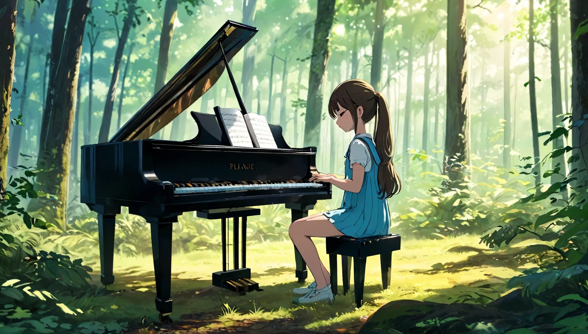 Girl playing piano in the forest