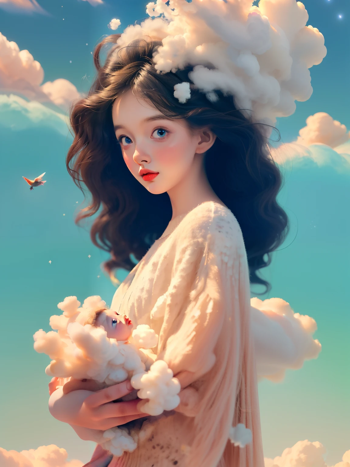 (best quality,4K,8k,high resolution,masterpiece:1.2), The girl in the clouds has hair as fluffy as clouds, tiny stars, fantasy illustrations, Dreamy colors, Children&#39;s illustration style.Vibrant colors