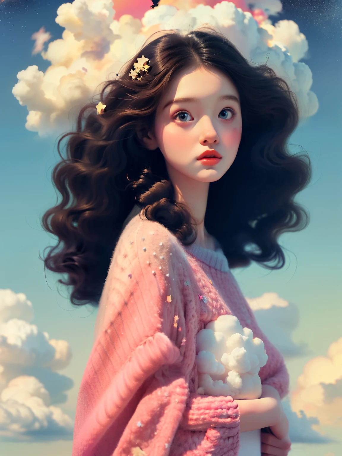 (best quality,4K,8k,high resolution,masterpiece:1.2), The girl in the clouds has hair as fluffy as clouds, tiny stars, fantasy illustrations, Dreamy colors, Children&#39;s illustration style.Vibrant colors