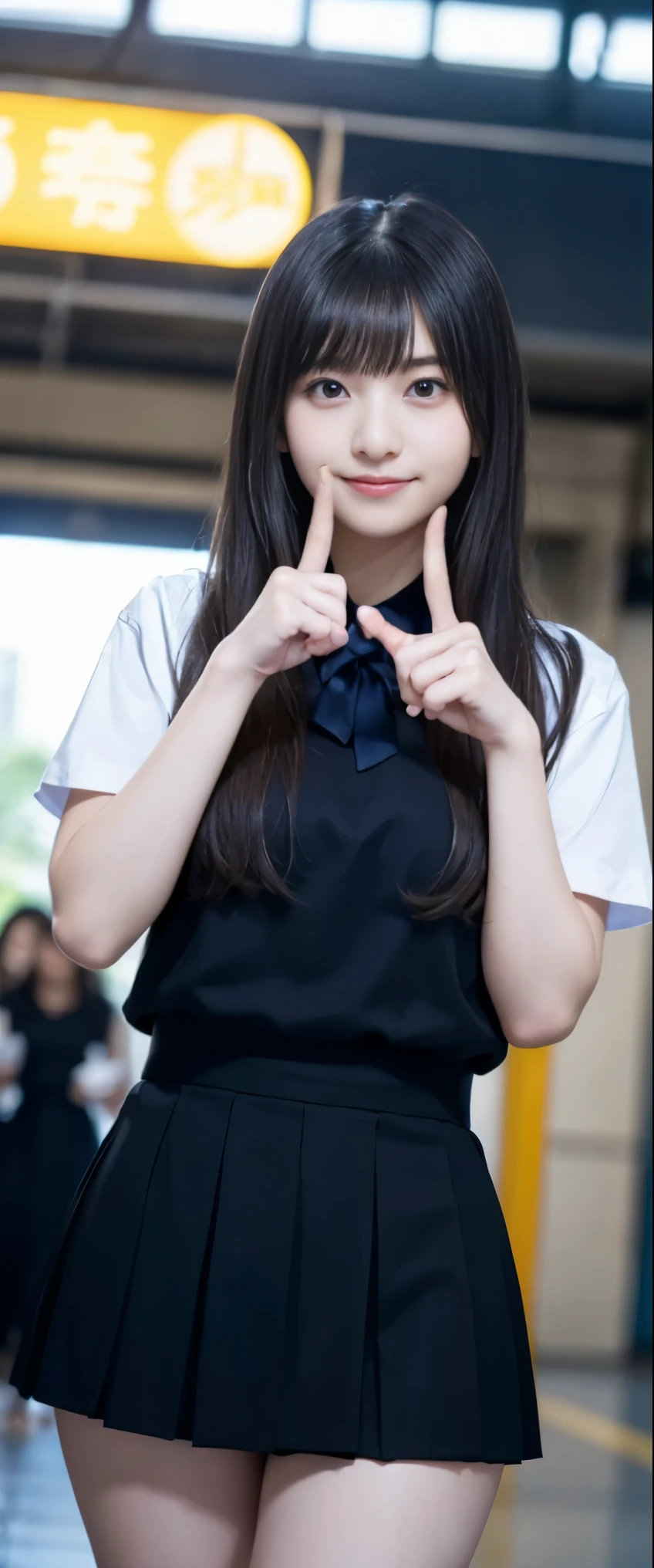 ((Perfect Anatomy:1.3)、(Complete Hand:1.3)、(Full Finger:1.3)、Realistic、RAW Photos、Tabletop、highest quality、High resolution、Delicate and beautiful、Perfect Face、Beautiful details、Fair skin、Real human skin、pores、((Thin legs))、(Black Hair), スーパースリムなスレンダーbeautiful girl, (Navy blue short skirt、下Half BodyFull nudity、Short sleeveの白シャツ、Show me your ears、Naked girls photoshoot、Full nudity, Cute face, close, Half Body, It was a race, Gardenia, beautiful girl, , Thighs, Short sleeve, Station platform、 Looking at the audience, No makeup, (Big smile), Film Grain, chromatic aberration, Sharp focus, Face Light, Bright lighting, 10 generations, Detailed face, Background Blur, (Dark red tie:1.1)、((((((12-year-old girl))))))、((((((12才のFull nudity女子高生)))))、Tight waist、Embarrassing pose、Shy and nervous girl、 Sad face