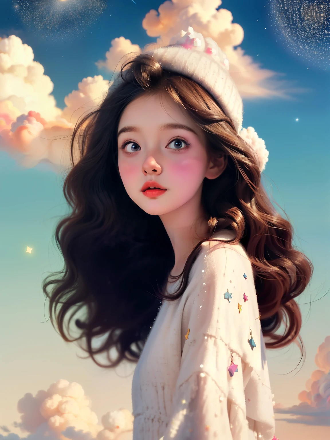 (best quality,4K,8k,high resolution,masterpiece:1.2), The girl in the clouds has hair as fluffy as clouds, tiny stars, fantasy illustrations, Dreamy colors, Children&#39;s illustration style.Vibrant colors