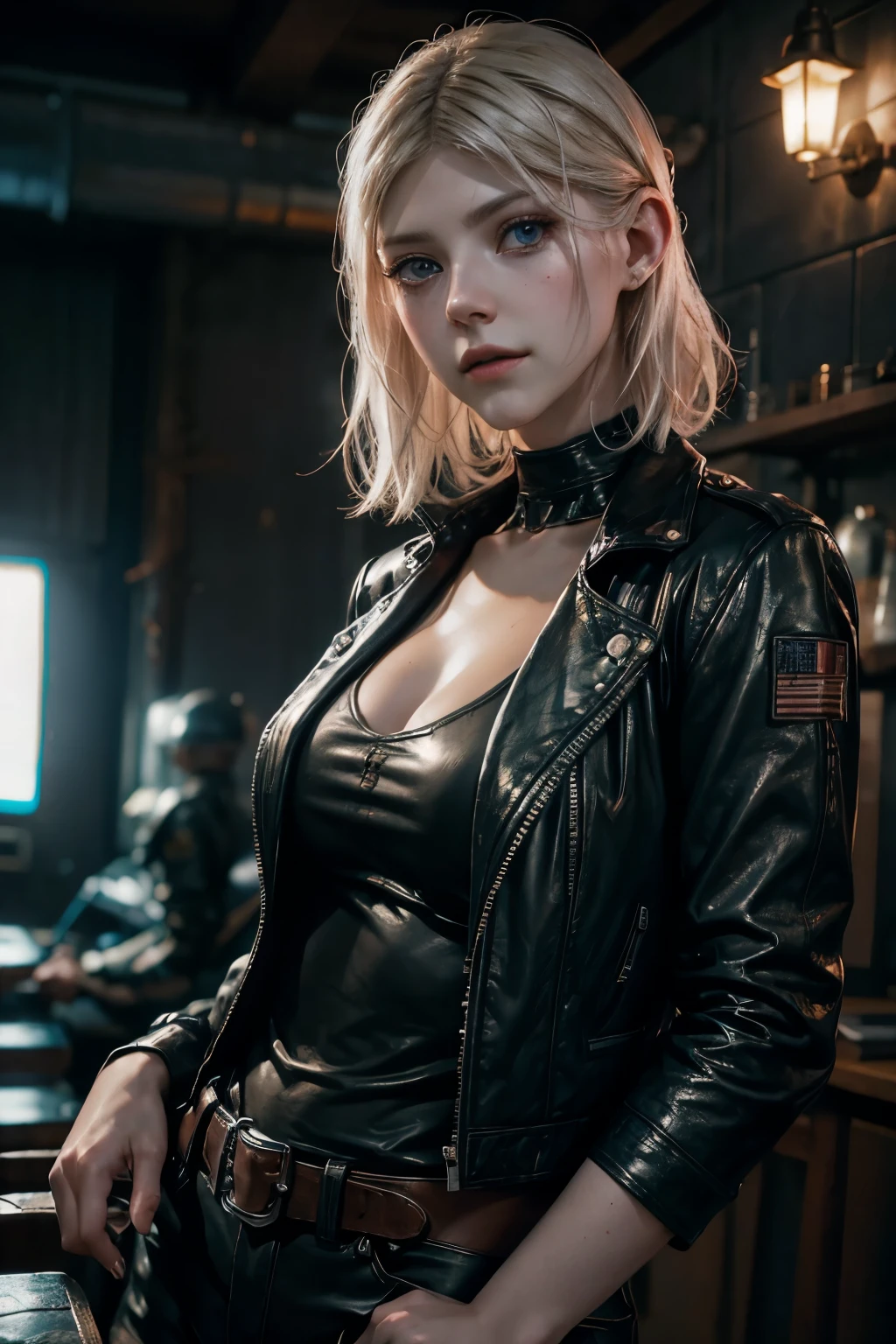 blonde short hair, vibrant blue eyes, white pale skin, ((Katheryn Winnick)), portrait, full leather clothes, biker clothes, thin nose, thin chin, dark night scene, motorclub, High detail RAW colored art, (detailed skin, skin texture), (muscle), intricate details, fine details, hyperdetailed, ray tracing, subsurface scattering, diffuse soft lighting, red and blue spotlight, by Jeremy Mann, Greg Manchess, Antonio Moro, trend at ArtStation, trend at CGSociety, Intricate, High Detail, Sharp focus, dramatic and photorealistic painting art by midjourney, bokeh in the background, motorclub jacket, best quality, masterpiece, only 1girl, close up portrait, night dark ambient, look at the viewer, leather jacket, leather clothes, mechanical workshop,
