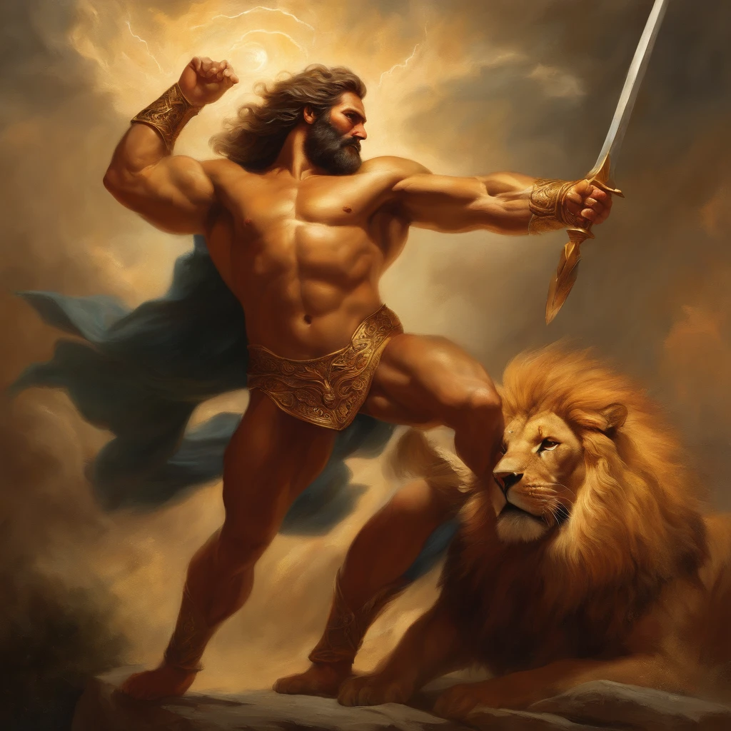 create a painting of Zeus fighting a lion showing his power