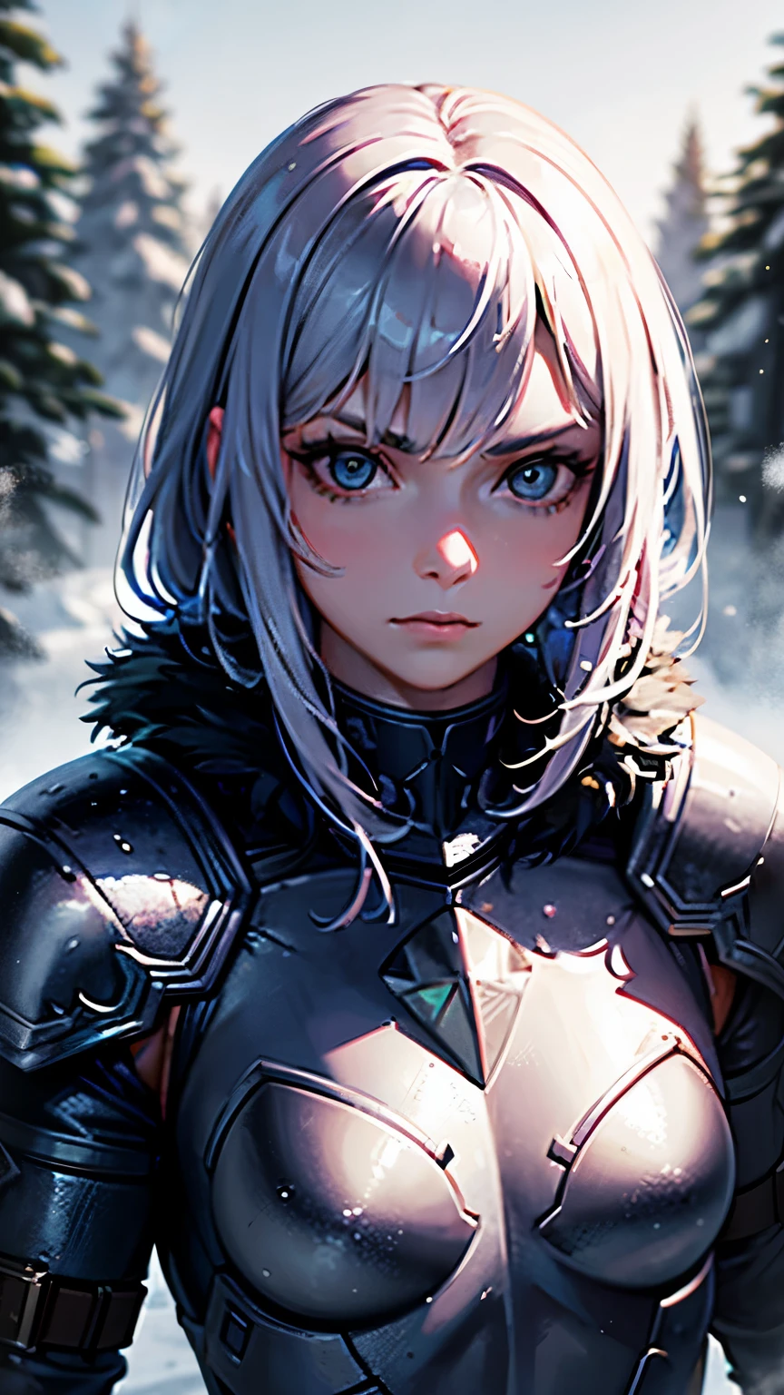 (best quality,4k,highres),(realistic,physically-based rendering),a girl,armor:simple,winter,fur,holding a sword,serious expression,vivid colors,portrait,sharp focus,studio lighting,detail of the eyes,metal texture,cold environment,forest background,falling snow,smoke effect,nude