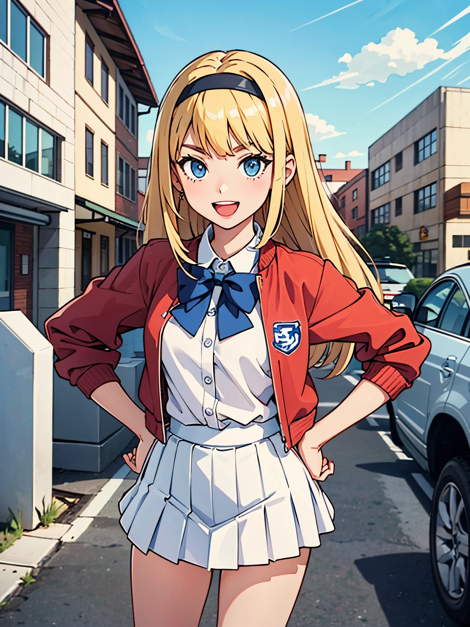 masterpiece, best quality, 1girl, high school girl, (bangs, blonde hair, armpit length hair), ((black headband)), blue eyes, beautiful detailed eyes, beautiful detailed face, cute face, perfect hands, complete fingers, perfect anatomy, perfect proportions, (bow, bowtie. blue bowtie), full body, hand on hip, hands on hips, (red jacket), looking at viewer, (skirt, white skirt, pleated  skirt, miniskirt) shirt, white shirt, socks, white socks, brown shoes, solo, standing, school building backdrop, daytime,  smile, :d, solo focus, cowboy shot