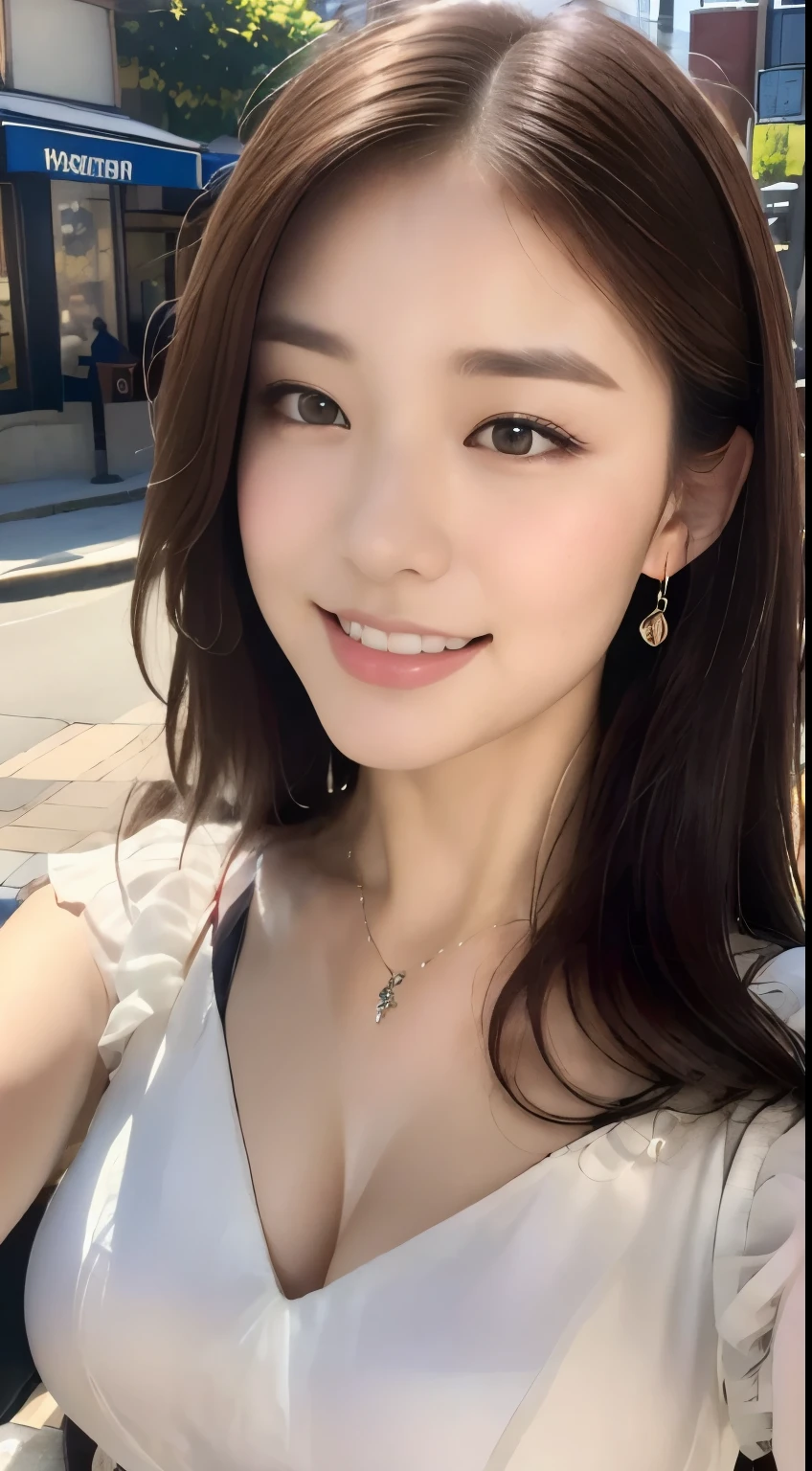 ((highest quality, 8k, masterpiece :1.3)), One Girl, Selfie, close, Charming smile, Slim face, Beautiful woman, (Dark brown hair), Big Breasts:1.3,White ruffled blouse, Highly detailed face, fine grain, double eyelid, Blur the background, Slim face, city, outside, street, sunny, null, nature