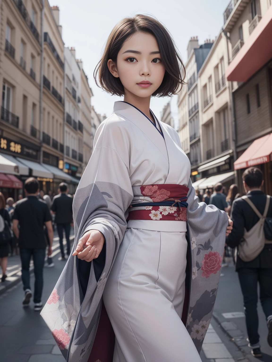 (highest quality, 16k, masterpiece: 1.3)), 1 girl, Sharp focus: 1.2, Beautiful woman with perfect figure: 1.4, Slim Abs: 1.2, (((Short Bob Hair)), ((small: 1.4)), ((Beautiful Face Idol: 1.3)), (Transparent fabric kimono 1.5)), Highly detailed face and skin texture, Fine grain, double eyelid, (((stop temporarily)), (Fascinating)), walking, Paris cityscape, Low Angle, Shooting from below