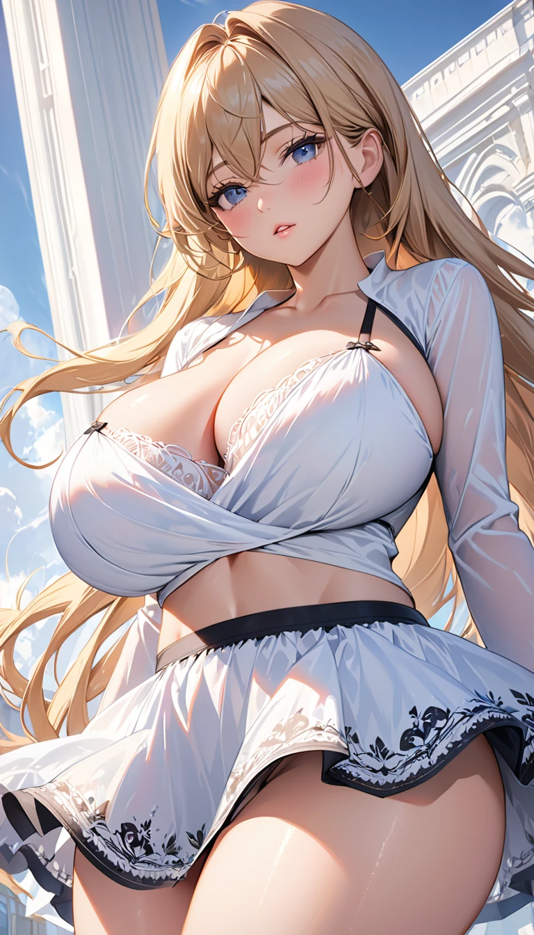 masterpiece:1.4,best-quality,Super Detail,Very Delicate and Beautiful, (( sfw, low angle shot, underboob )), pretty girl, black miniskirt, panties, blonde long hair, very gigantic breasts, cleavage, very slender, perfect face