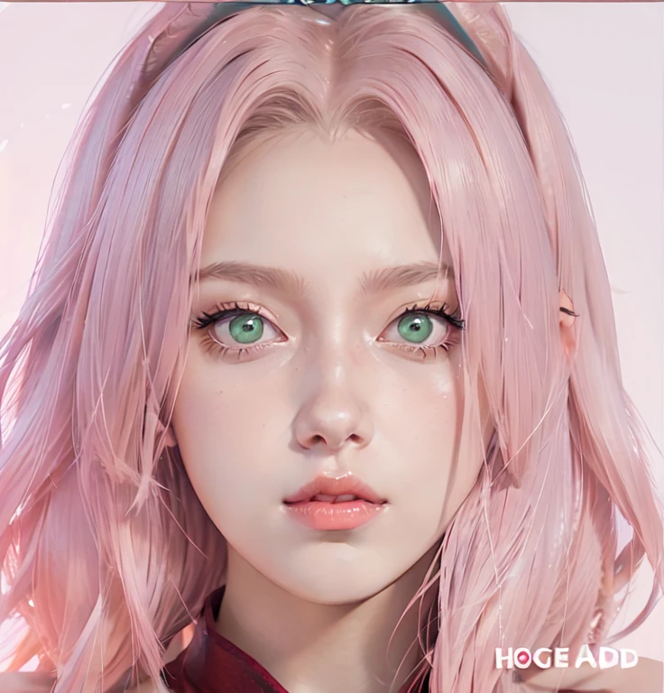 young woman, short shoulder-length pink hair, wide forehead, porcelain skin, pink eyebrows, big emerald green eyes, buttoned nose, full lips, heart-shaped face, slender body, small breasts, red tank top, Sakura Haruno , realistic, realism, details, 3d, well detailed
