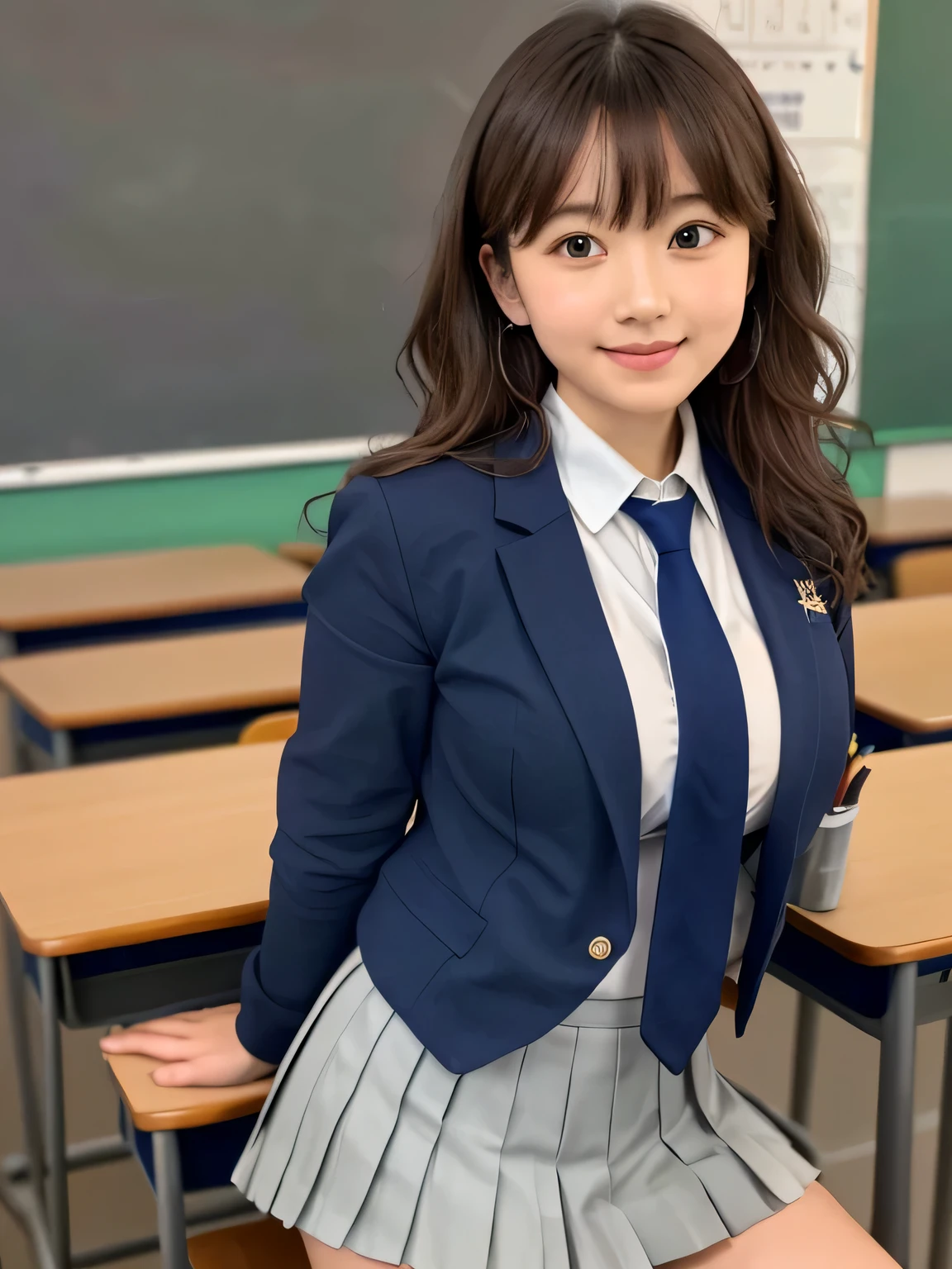 8k, highest quality, The real picture, Intricate details, Very detailed, Ultra-high resolution, Depth Field,(Realistic,Realistic:1.2), From the side, 1 Japanese girl, Very beautiful  girl, Big eyes, Beautiful breasts:1.5、Very detailedな目:1.2), (Beautiful breasts:1.1), (Small breasts:1.5), Wavy Hair、Curly Hair、bangs, Perfect Skin, Fair skin, Big Hips, Thick thighs, Thick legs, Cleavage, Tight waist, Lightly reddish, alone, Looking at the audience, (smile:1.1), ((School_uniform),(Dark Blue Blazer), (White shirt、Wear a tie), (Grey pleated skirt), (Sculptural installation :1.1), BREAK, During class, In a high school classroom