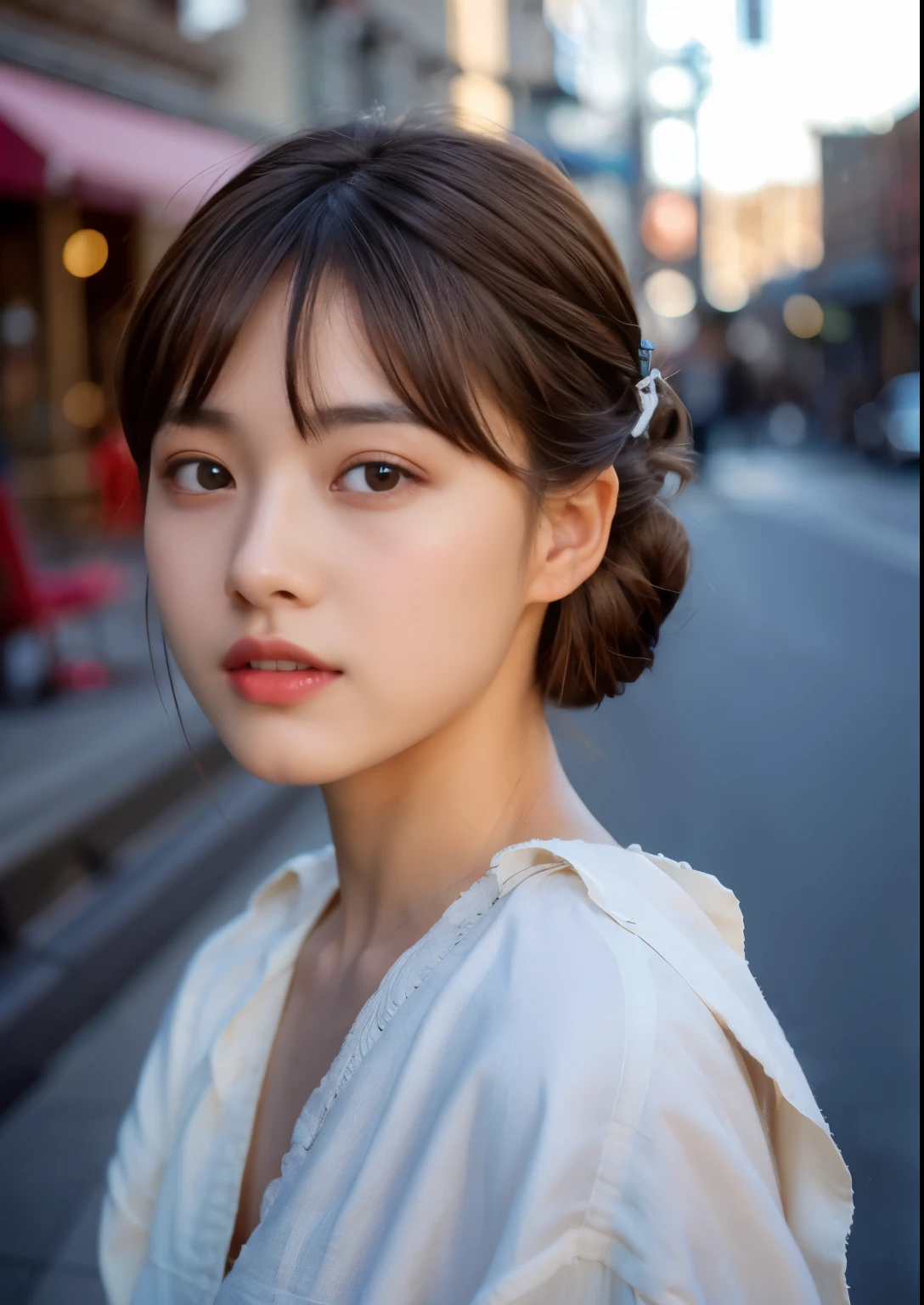 Ultra-high quality photos、Original Photography、Beautiful face and eyes、(Photorealistic:1.4)、Top quality、high resolution、Realist、16K、Caustic lines、Core Shadows、Dynamic Light、Beautiful and delicate lips、Slender fingers、Detailed student、Real human skin、(Very detailed)、Original Photography、Sitting woman、21 years old、(Bangs:1.2)、The lips are weak、Cowboy shooting、From below、(Light brown high-contrast hair、 Half bun hair:1.36)、Water Eye、
(Main Street:1.3)Calm expression,Calm Breathing,Creates a calm atmosphere。。