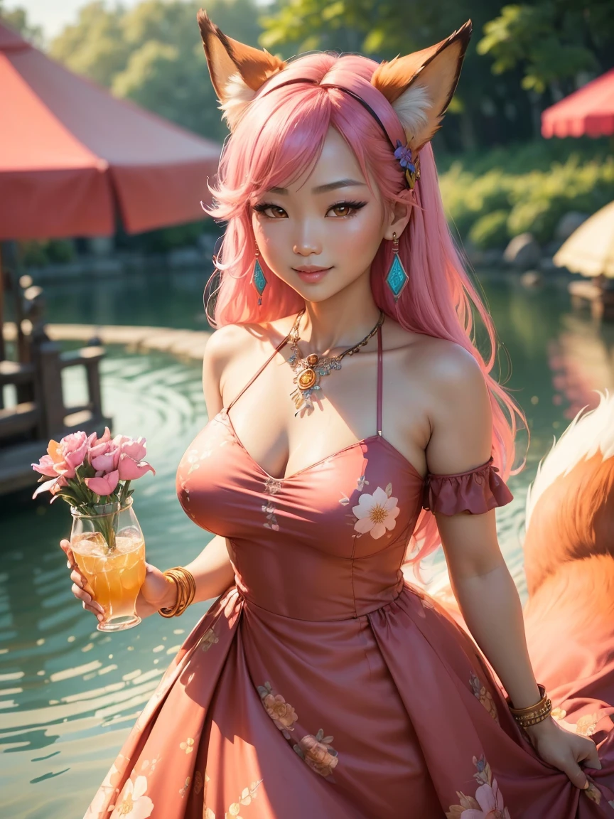 (SFW, age 30, floral dress, jewelry:1.45), (masterpiece:1.2), (best quality:1.2), (extremely detailed:1.2), (extremely detailed face), (photorealistic:1.2), (ultra detailed), (Hmong|Filipina|Blasian Kitsune woman, hourglass_figure:1.2), (straight_hair, fox_ears, fox_tail:1.2), detailed eyes, open mouth, (smile:0.8), (drinking lemonade in crowded park pond:1.3), looking at viewer, (skin tanning, best lighting:1.2), shiny skin, (smiling:1.1), (pink hair:1.0),