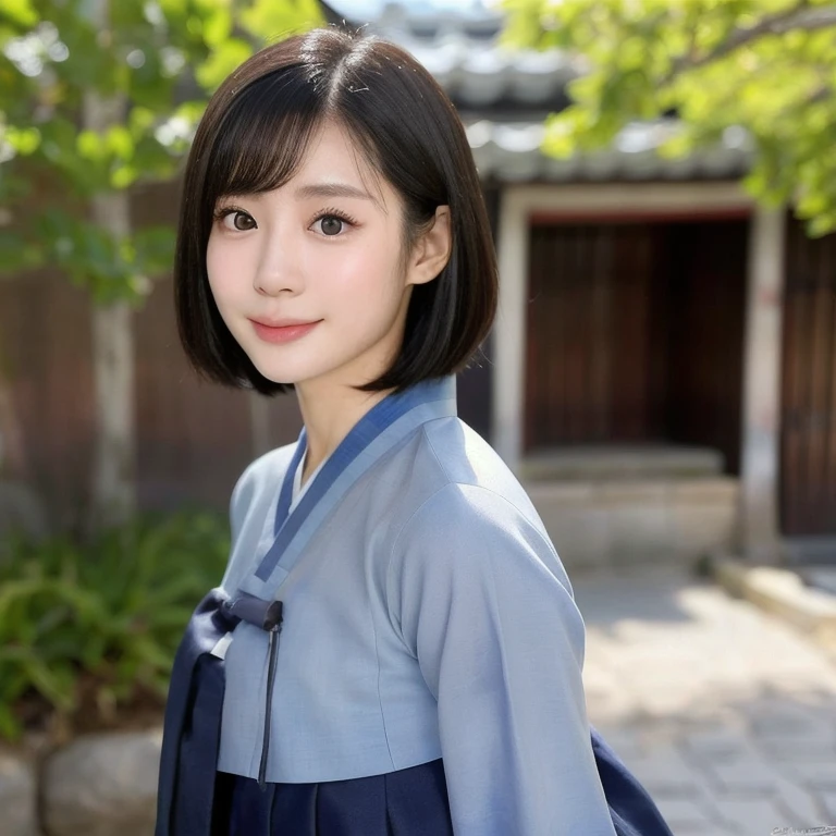 (kawaii 24 year-old Japanese girl, Nogizaka idol, Korean idol), (glossy black hair, very short hair, pixie cut, symmetric hair length, even length hair edges:1.3), (bangs), (extra rounded face, black eyes, single eyelid, no makeup, soft smiling:1.2), (wearing light blue concept Hanbok, light blue concept Korean traditional cloth:1.3), (flat chest, extra small breasts:0.8), (looking at viewer:1.2), BREAK, (sunny day outside background:1.3), (view from forward, portrait, extreme close shot:1.3), BREAK, (masterpiece, best quality, photo realistic, official art:1.4), (UHD, 8K quality wallpaper, high resolution, raw photo, golden ratio:1.2), (shiny skin), professional lighting, physically based rendering, award winning, (perfect anatomy, highly detailed skin, extremely detailed face and eyes), Carl Zeiss 85 mm F/1.4, depth of field, 1girl, solo,