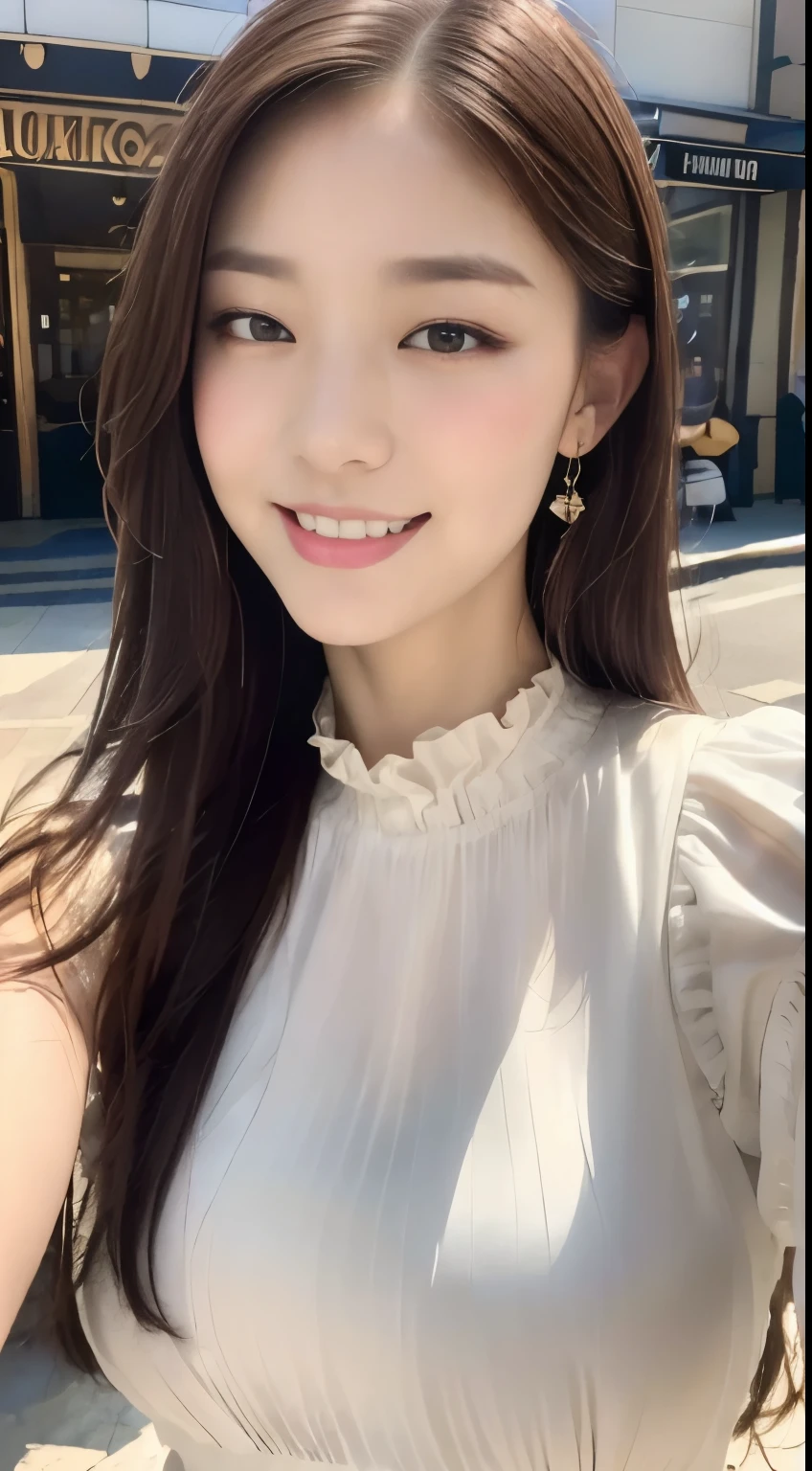 ((highest quality, 8k, masterpiece :1.3)), One Girl, Selfie, close, Very attractive smile:1.2, Slim face, Beautiful woman, (Dark brown hair), Big Breasts:1.3,White ruffled blouse, Highly detailed face, fine grain, double eyelid, Blur the background, Slim face, city, outside, street, sunny, null, nature