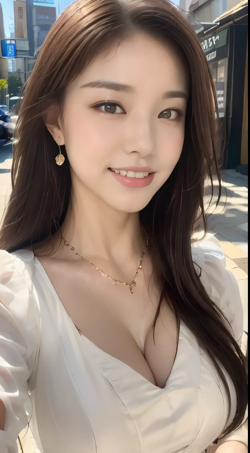 ((highest quality, 8k, masterpiece :1.3)), One Girl, Selfie, close, Very attractive smile:1.2, Slim face, Beautiful woman, (Dark brown hair), Big Breasts:1.3,White ruffled blouse, Highly detailed face, fine grain, double eyelid,  Blur the background, Slim face, city, outside, street, sunny, null, nature