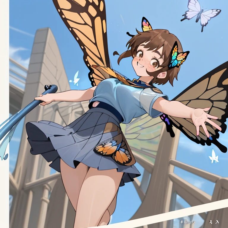 Boku no hero screenshot of a brown haired girl with blue has butterfly wings on her back (grandes) light brown eyes freckles has happy expression wears hero costume blue skirt with butterflies and blue top with white lines stands background modern building, cuerpo completo lleva calcetas largas