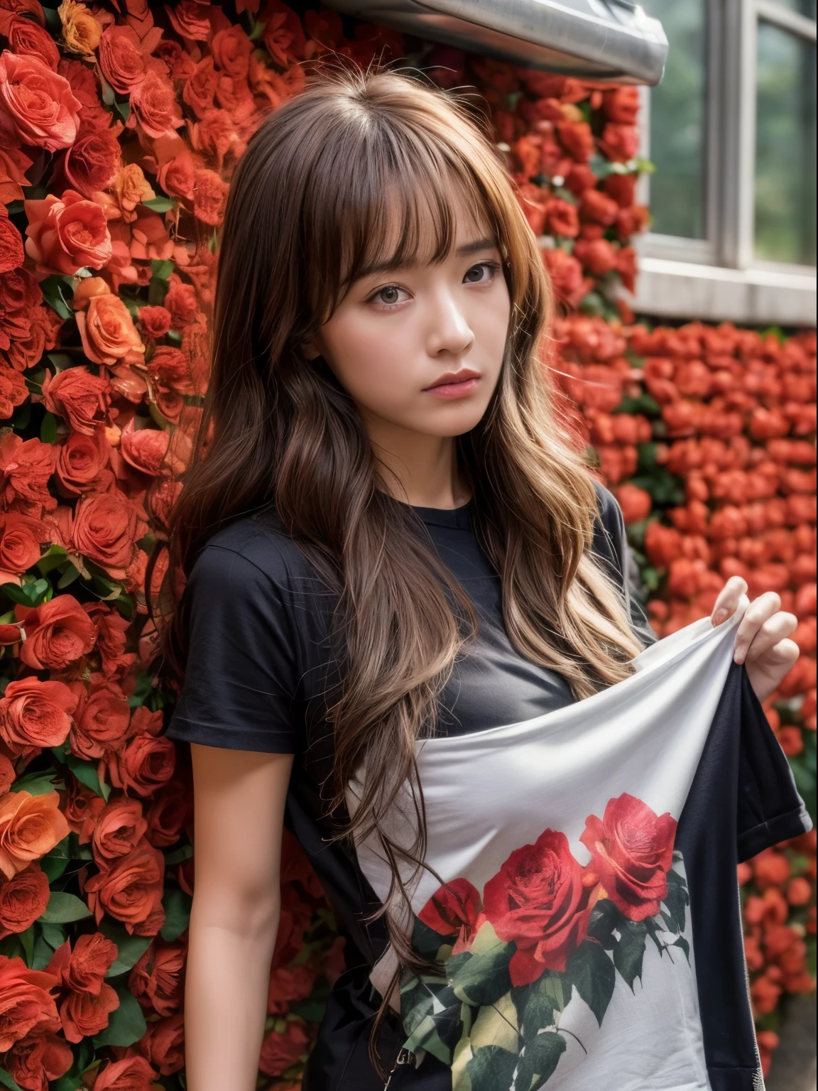 arafed woman standing in front of a wall of roses, close up guns and roses, graphic tees, roses, laying on roses, rosses, graphic print, red neon roses, red roses, rumble roses, hot topic, roses in her hair, red roses at the top, stylish, crown of roses, exploding roses, roses in cinematic light, badass clothing,Serious expression、cool、Glaring expression