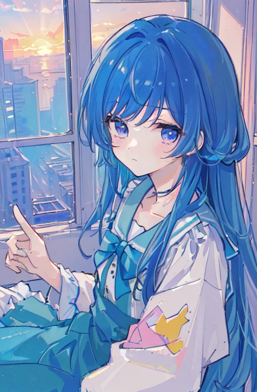 (detailed beautiful eyes and detailed face, masterpiece side light, masterpiece, best quality, detailed, high resolution illustration), (1 girl, beautiful girl, shiny skin, looking down, looking at viewer), (sky blue colored hair, pink eyes, skirt, ribbon, button-down shirt)(Sideways body, hand covering mouth,, surprised expression)(45-degree downward viewing angle)