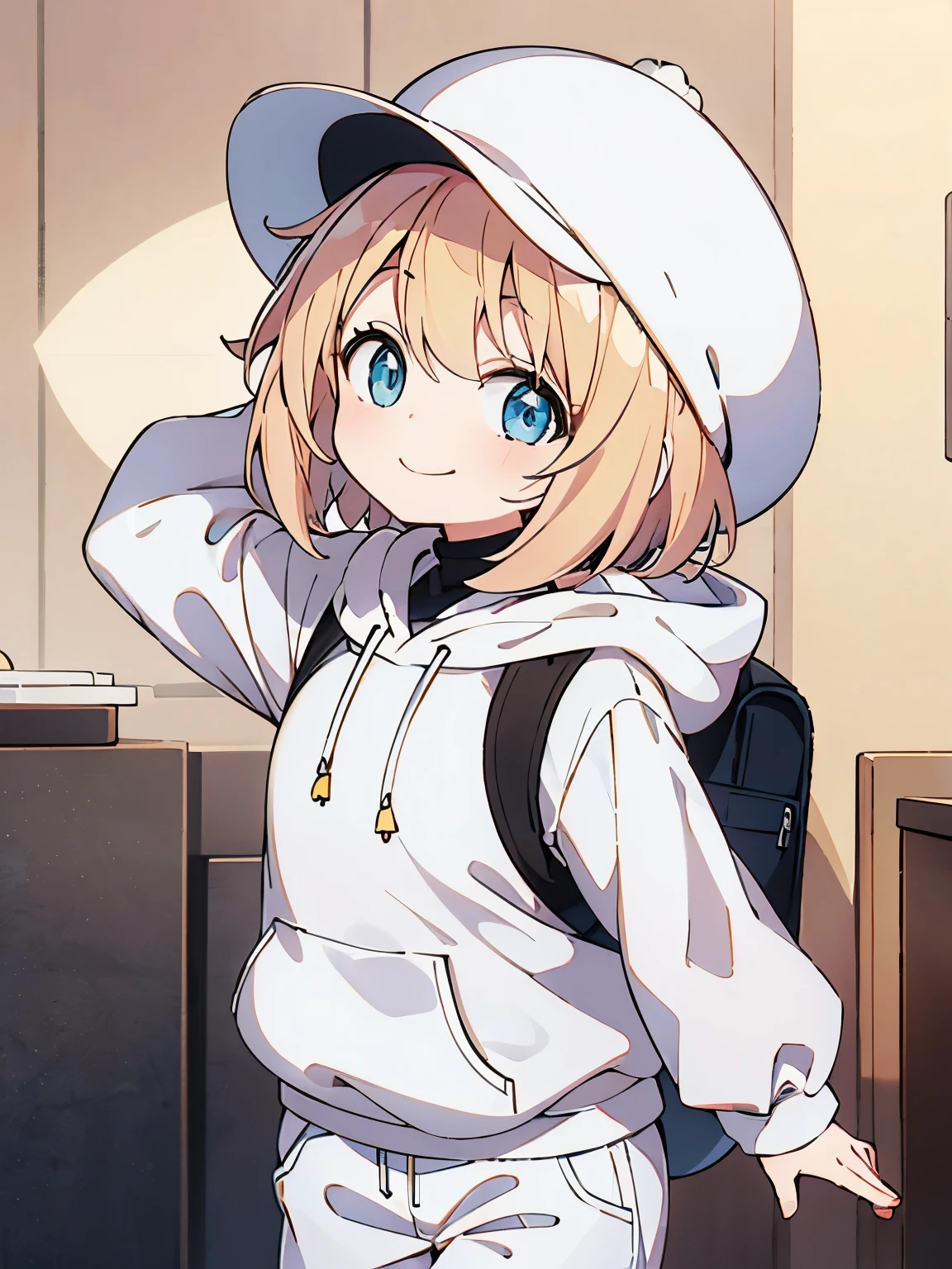 1girl,6 years old,blonde hair ,Walk, smile,blonde hair,blonde hair,short hair, blue eyes,White hoodie, black trousers, white hat, black backpack,very short hair, side bangs,ultra detail, ultra HD