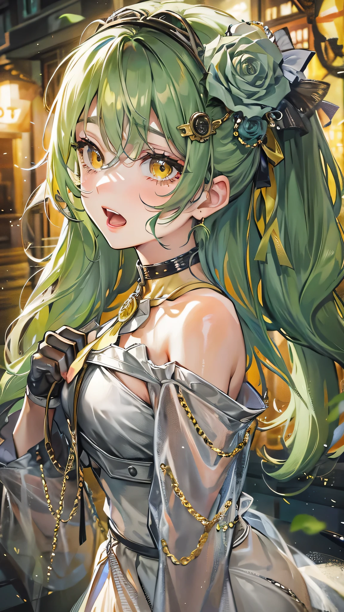 perfect anatomy, masterpiece:1.4, best highres, 16k, (in the night, the background is Steampunk city night view), (in the Hot spring hill), break,
(frontale:1.2) (solo:1.3 ponytail green hair long hair cute girl), (( yo)), (sad:1.4 yellow eyes), ((beautiful make up)), (Crying face, open mouth), break, (in a Layered yellow Off-the-shoulder dress with detailed green rose).