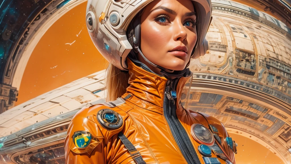 arafed image of a white woman in a futuristic suit with a spaceship in the background, movie art, in front of an orange background, inspired by Robert McGinnis, female protagonist, megastructure in the background, portrait of an ai astronaut, astronauts, an astronaut, portrait of a astronaut skeletor, perfect android girl, detailed eyes, perfectly detailed teeth, frank franzzeta and sakimichan