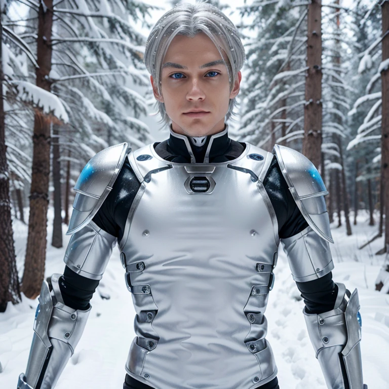 A robotic male ninja character, with a white and silver sleek suit, blue eyes and silver hair using ice powers, in a snowy forest