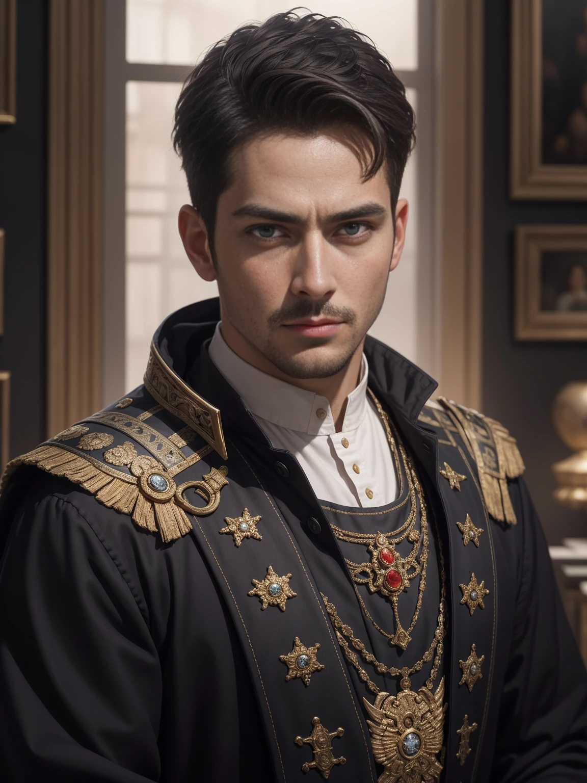 (best quality,4k,8k,highres,masterpiece:1.2),ultra-detailed,(realistic,photorealistic,photo-realistic:1.37),A dramatic portrait of Constantine the Great, the emperor of the Roman Empire, whose destiny shaped the fate of the world. The protagonist is depicted with profound detail, showcasing his charismatic presence as a ruler. The artwork is rendered in the medium of an oil painting, capturing the richness and depth of the historical era. The protagonist's eyes, reflecting determination and wisdom, are meticulously detailed. His lips are beautifully shaped, hinting at a calm and confident demeanor. The painting exhibits ultra-detailed features, with emphasis on the realistic rendering of the face and body. The lighting is carefully crafted, with studio lighting techniques applied to accentuate the subject's noble features. The colors are vivid and vibrant, enhancing the overall composition. The scene is set in the majestic backdrop of ancient Rome, with architectural elements and historical details to provide authenticity. The artwork exudes an air of grandeur and gravitas, capturing the essence of historical romance.