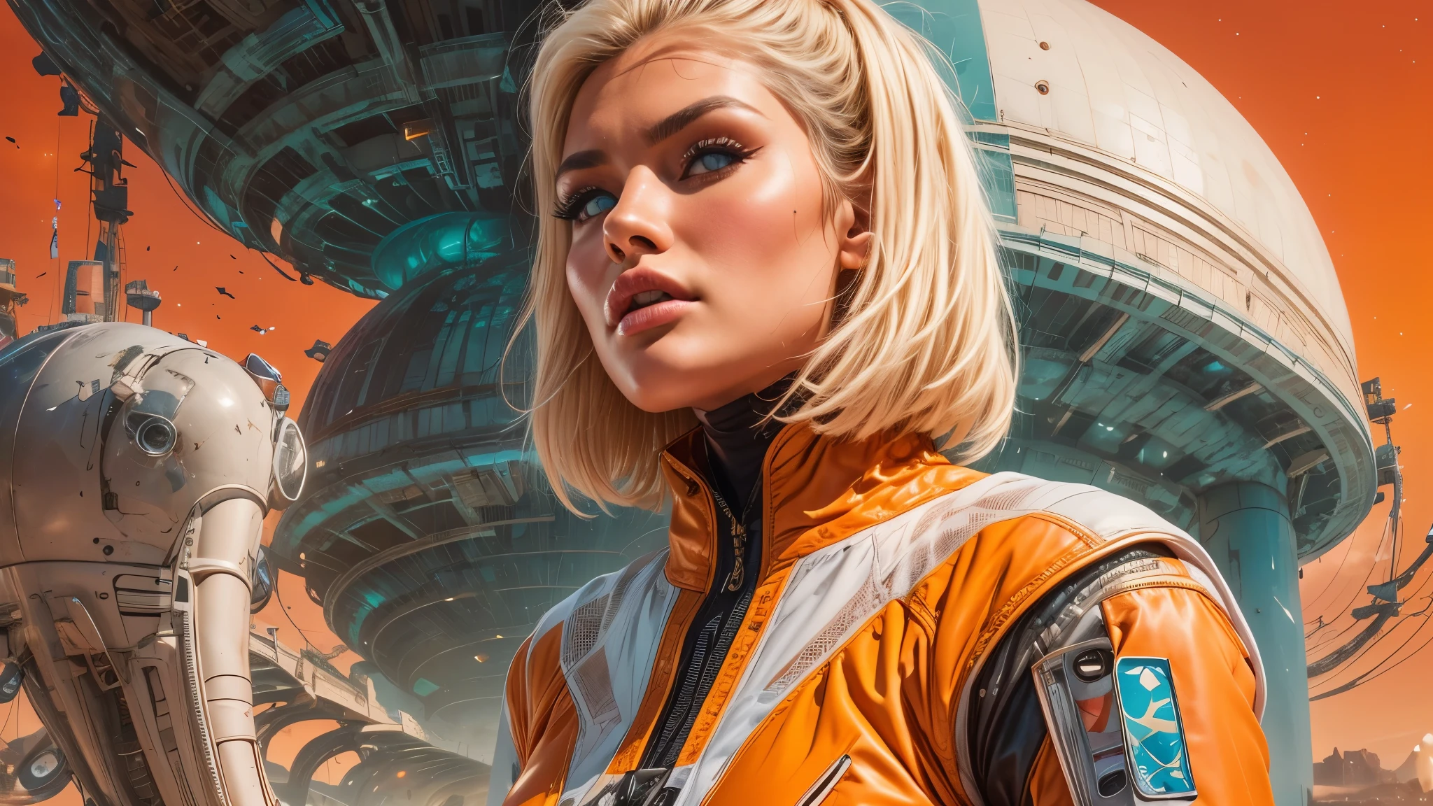 arafed image of a white woman in a futuristic suit with a spaceship in the background, movie art, in front of an orange background, inspired by Robert McGinnis, female protagonist, megastructure in the background, portrait of an ai astronaut, astronauts, an astronaut, portrait of a astronaut skeletor, perfect android girl, detailed eyes, perfectly detailed teeth, frank franzzeta and sakimichan
