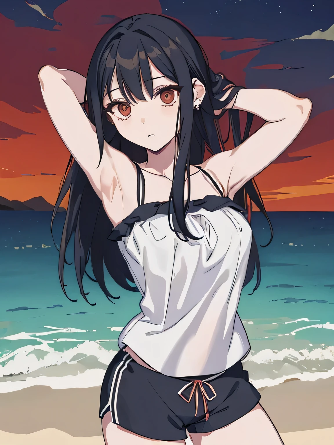 ,(masterpiece), (best quality), (ultra-detailed), (best illustration), (best shadow), (absurdres), 1girl, solo, Chihara, 1girl, solo, black hair, shorts, long hair, looking at viewer, black shorts, arms behind head, contrapposto, spread armpit, camisole, red eyes, breasts, earrings, short shorts, (cowboy shot:1.5), beach, night sky,