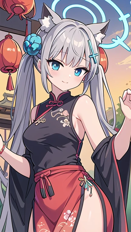 shiroko_bluearchive,beast ears, one girl with long twintail bun hair, skirtlift,looking at viewer, expose her camel toe,little smile,chinese dress, flower pattern, sleeveless, outdoor, festival, temple, slim, dizzy, big-chest, wide hips, perfect waist, day atmosphere, hair ornament, standing, upper body,